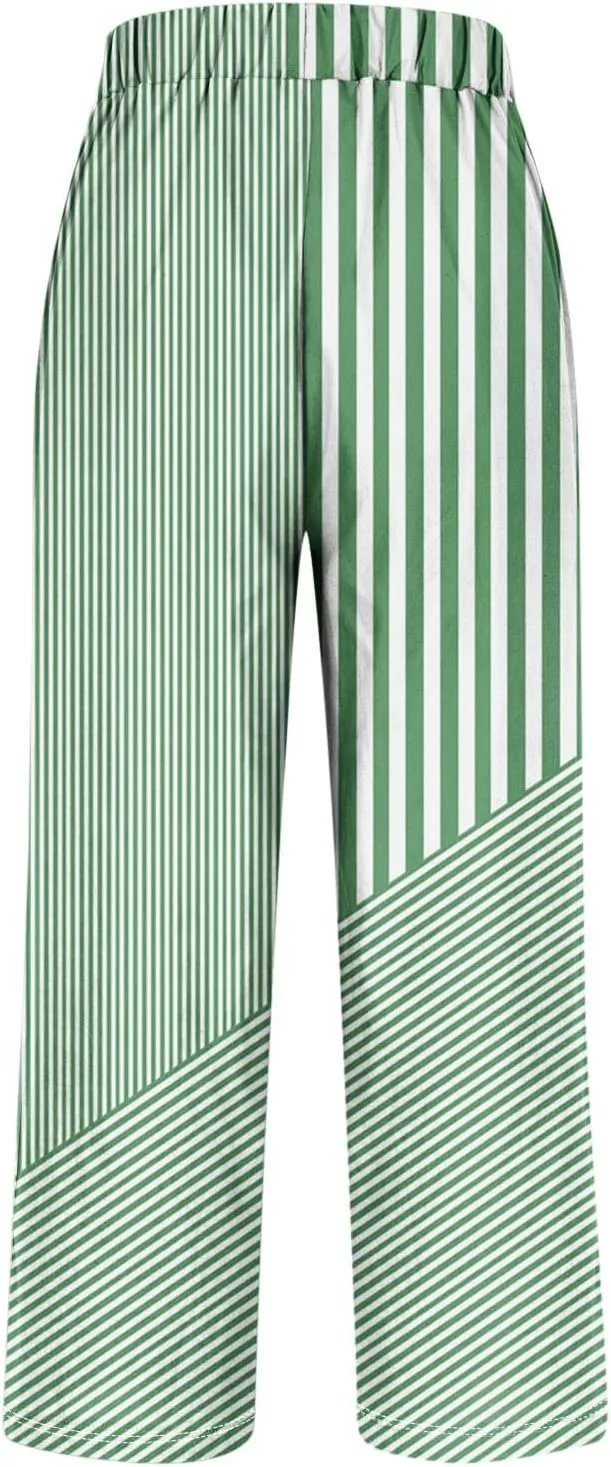 Lmdudan Linen Pants for Women Dressy Casual Striped Color Block Trousers Summer Elastic Waist Loose Sweatpants with Pockets