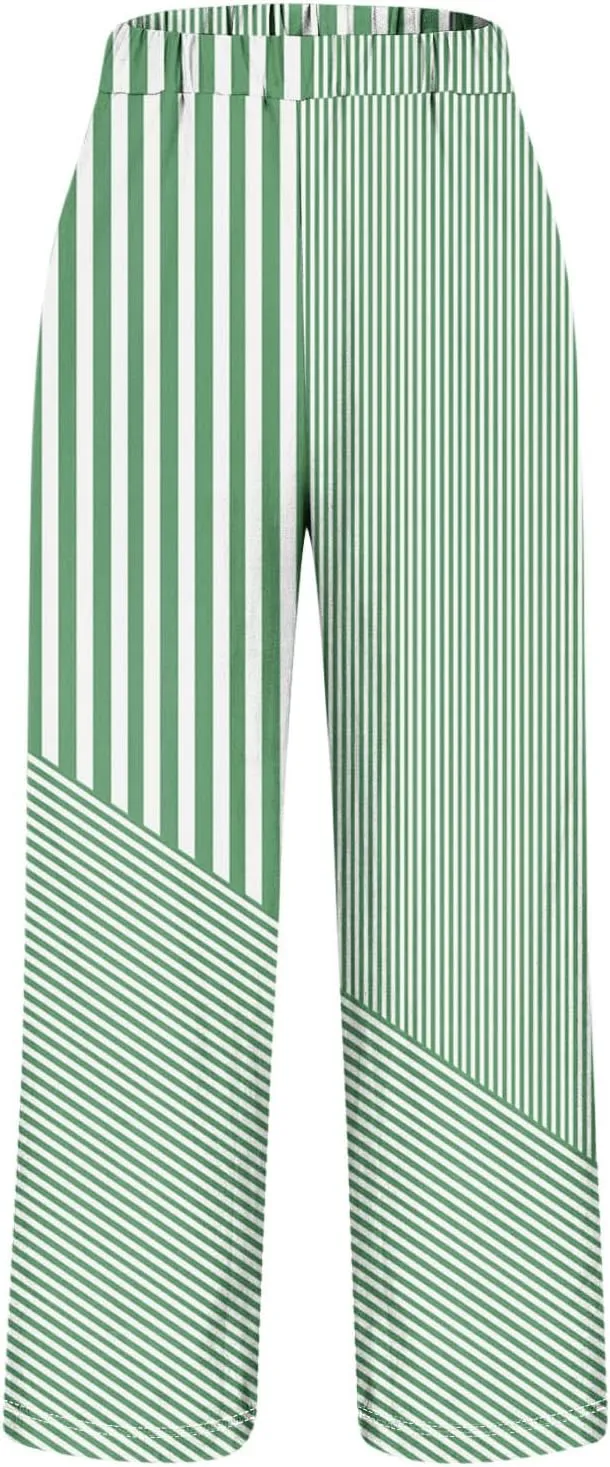 Lmdudan Linen Pants for Women Dressy Casual Striped Color Block Trousers Summer Elastic Waist Loose Sweatpants with Pockets