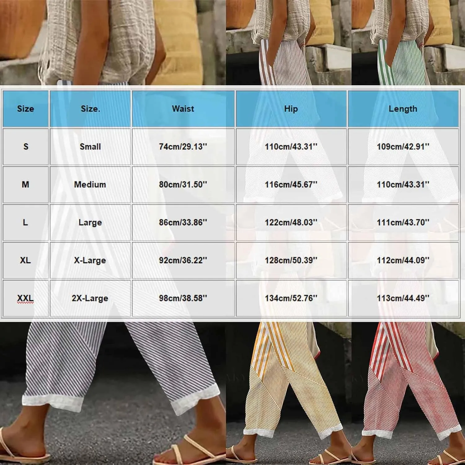 Lmdudan Linen Pants for Women Dressy Casual Striped Color Block Trousers Summer Elastic Waist Loose Sweatpants with Pockets
