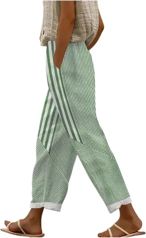 Lmdudan Linen Pants for Women Dressy Casual Striped Color Block Trousers Summer Elastic Waist Loose Sweatpants with Pockets