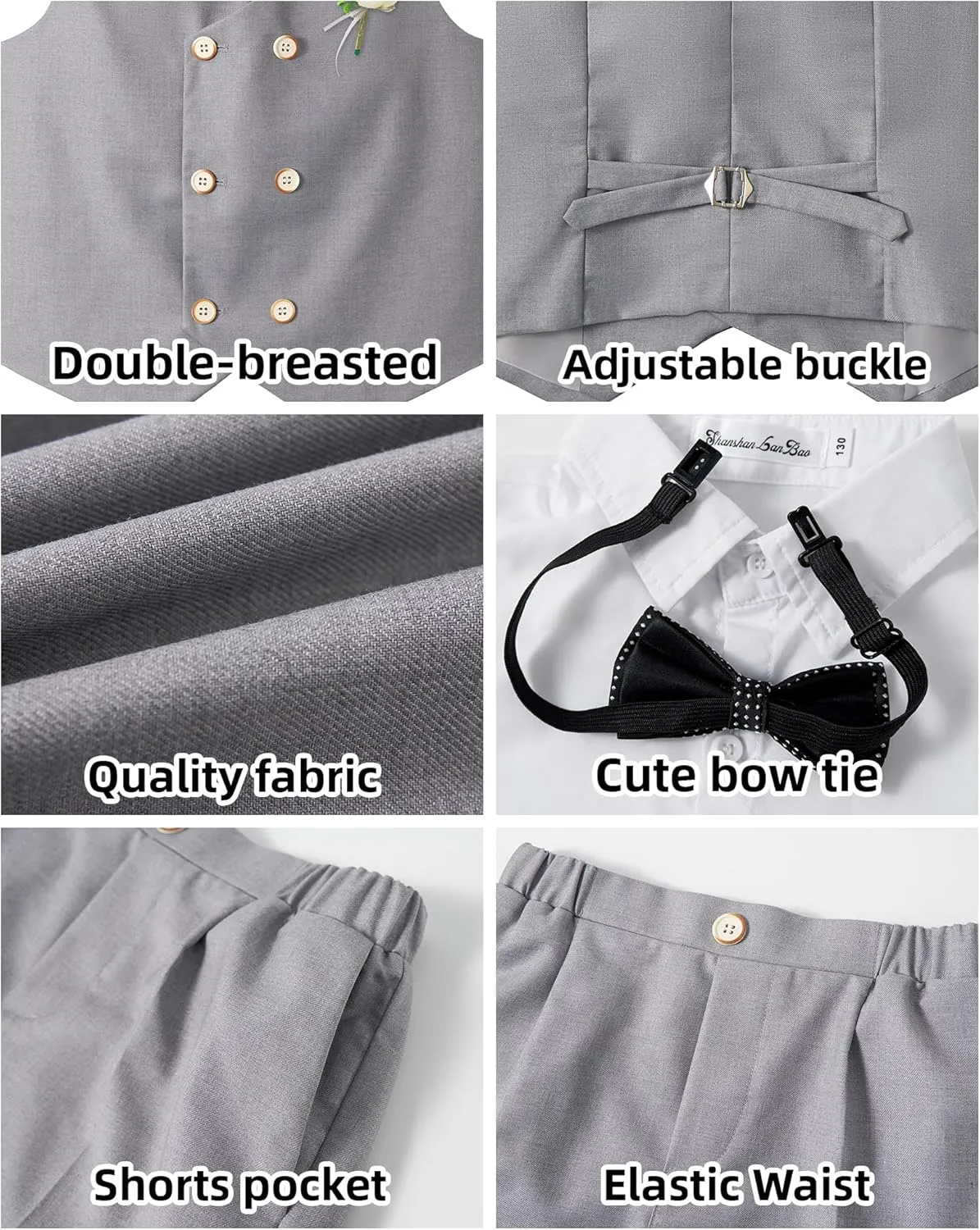 LOLANTA 4Pcs Summer Boys Suit, Kids Dress Clothes Shirt Vest Shorts Bow Tie, Waistcoat Tuxedo Wedding Ring Bearer Outfit