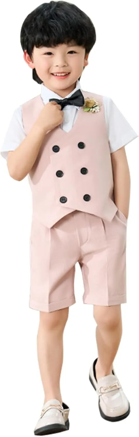 LOLANTA 4Pcs Summer Boys Suit, Kids Dress Clothes Shirt Vest Shorts Bow Tie, Waistcoat Tuxedo Wedding Ring Bearer Outfit