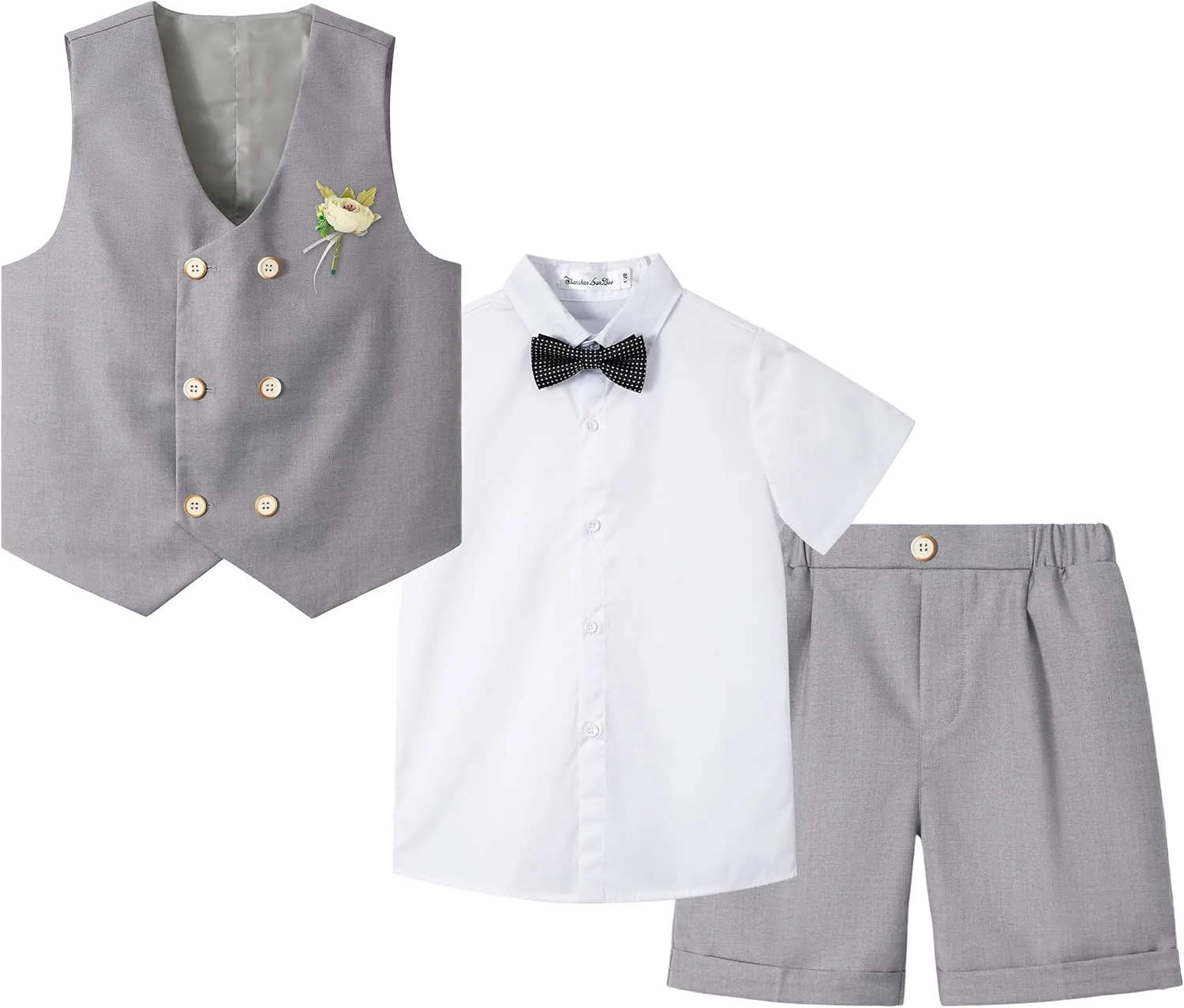 LOLANTA 4Pcs Summer Boys Suit, Kids Dress Clothes Shirt Vest Shorts Bow Tie, Waistcoat Tuxedo Wedding Ring Bearer Outfit