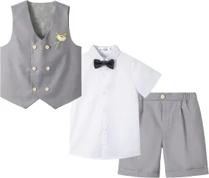LOLANTA 4Pcs Summer Boys Suit, Kids Dress Clothes Shirt Vest Shorts Bow Tie, Waistcoat Tuxedo Wedding Ring Bearer Outfit
