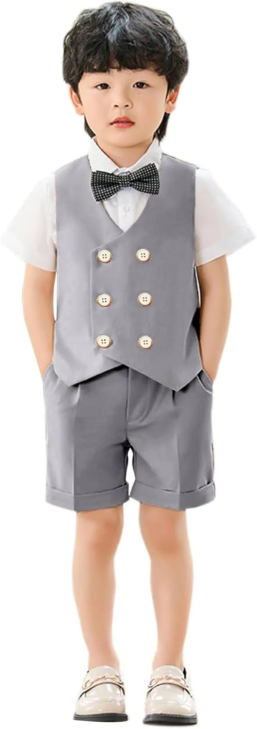 LOLANTA 4Pcs Summer Boys Suit, Kids Dress Clothes Shirt Vest Shorts Bow Tie, Waistcoat Tuxedo Wedding Ring Bearer Outfit