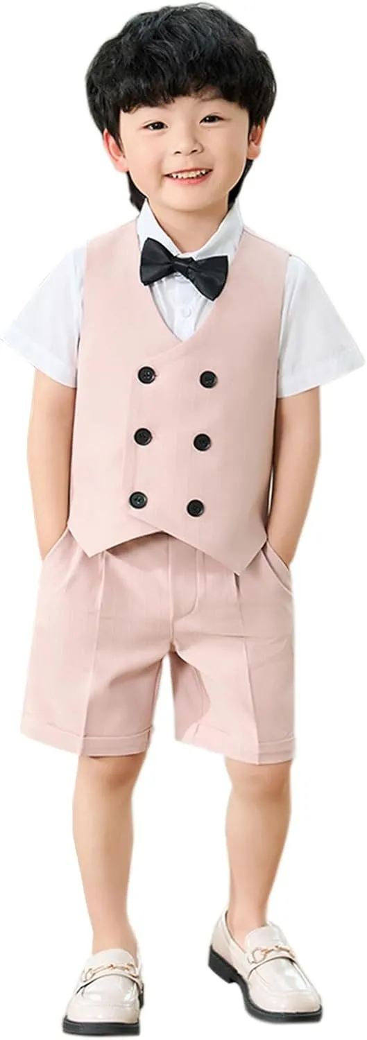 LOLANTA 4Pcs Summer Boys Suit, Kids Dress Clothes Shirt Vest Shorts Bow Tie, Waistcoat Tuxedo Wedding Ring Bearer Outfit