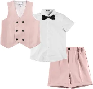 LOLANTA 4Pcs Summer Boys Suit, Kids Dress Clothes Shirt Vest Shorts Bow Tie, Waistcoat Tuxedo Wedding Ring Bearer Outfit