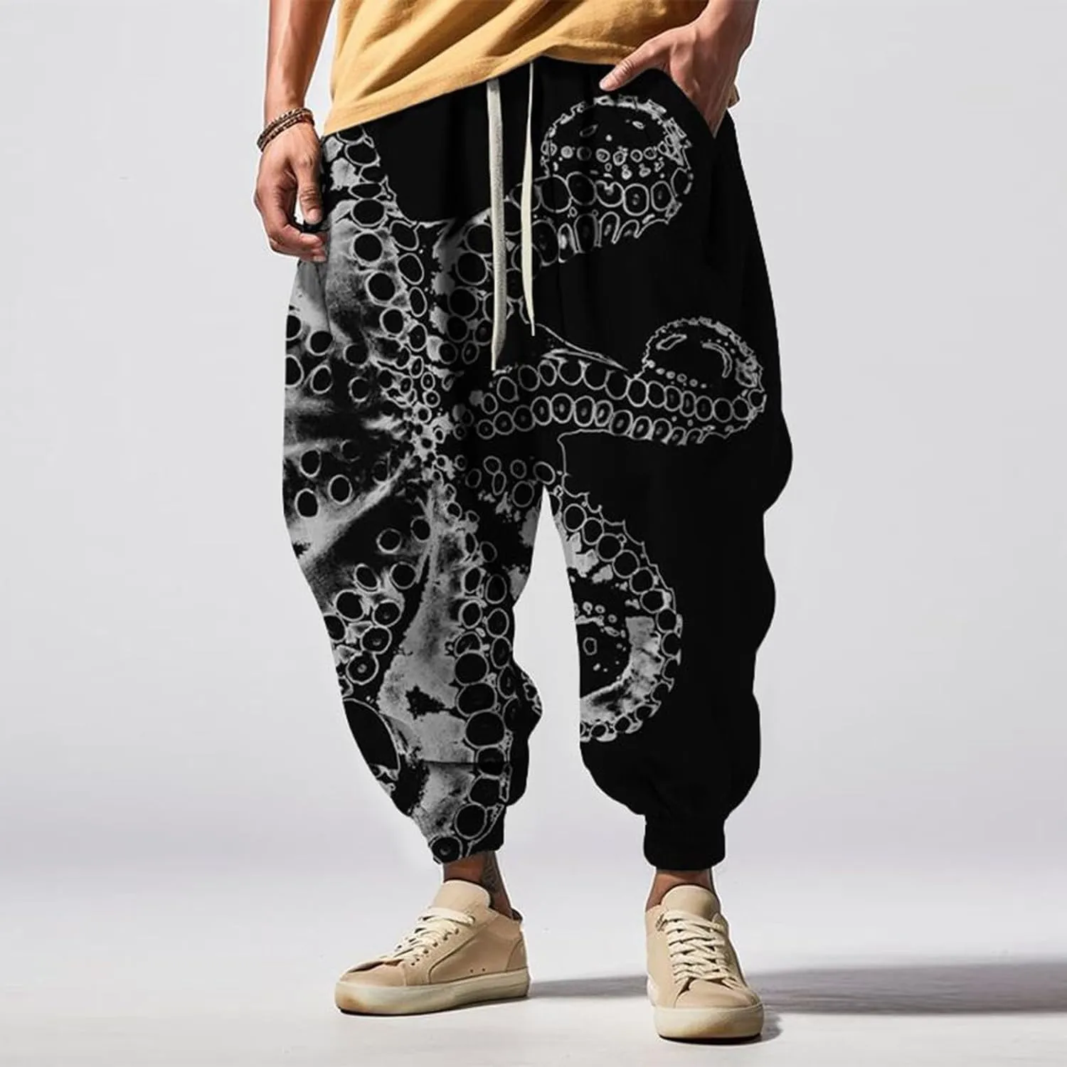 Loose Drop Crotch Trousers Casual Drawstring Men Elastic Waist with Pockets Tapered Sweatpants for Men Multi Pockets