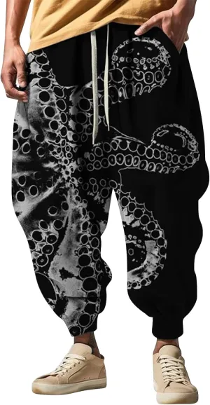 Loose Drop Crotch Trousers Casual Drawstring Men Elastic Waist with Pockets Tapered Sweatpants for Men Multi Pockets
