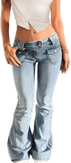 Low Rise Flare Jeans for Women Baggy Y2K Stretchy Bell Bottom Denim Pants 90s Vintage Washed Jeans with Pockets