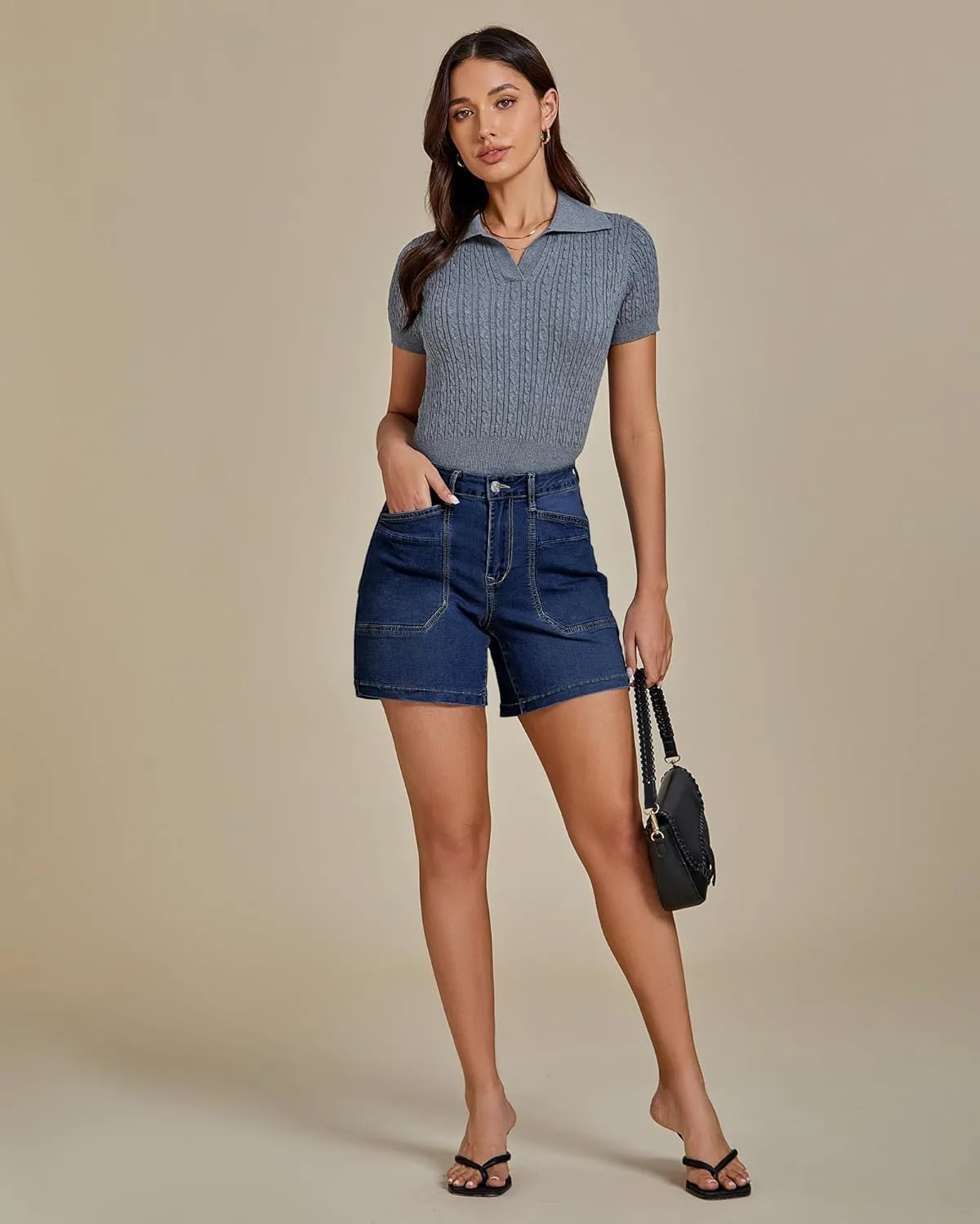 luvamia Jean Shorts for Women Trendy Mid Rise Casual Summer Jorts Distressed Cut Off Stretchy Denim Shorts with Pockets