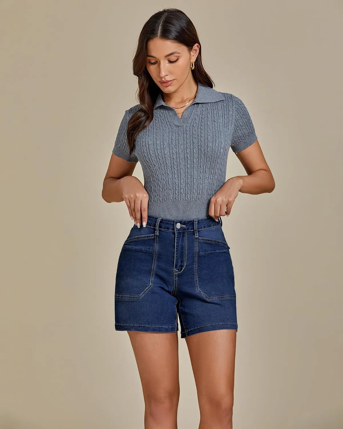 luvamia Jean Shorts for Women Trendy Mid Rise Casual Summer Jorts Distressed Cut Off Stretchy Denim Shorts with Pockets