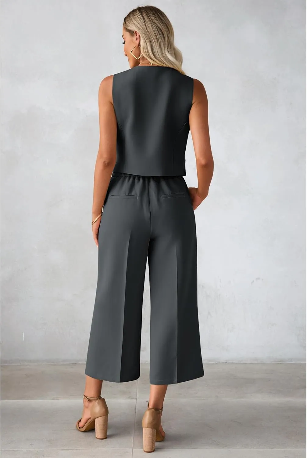 luvamia Pant Suits for Women Dressy Casual 2 Piece Sets Sleeveless Blazer Vest with Wide Leg Capri Pants Work Outfit