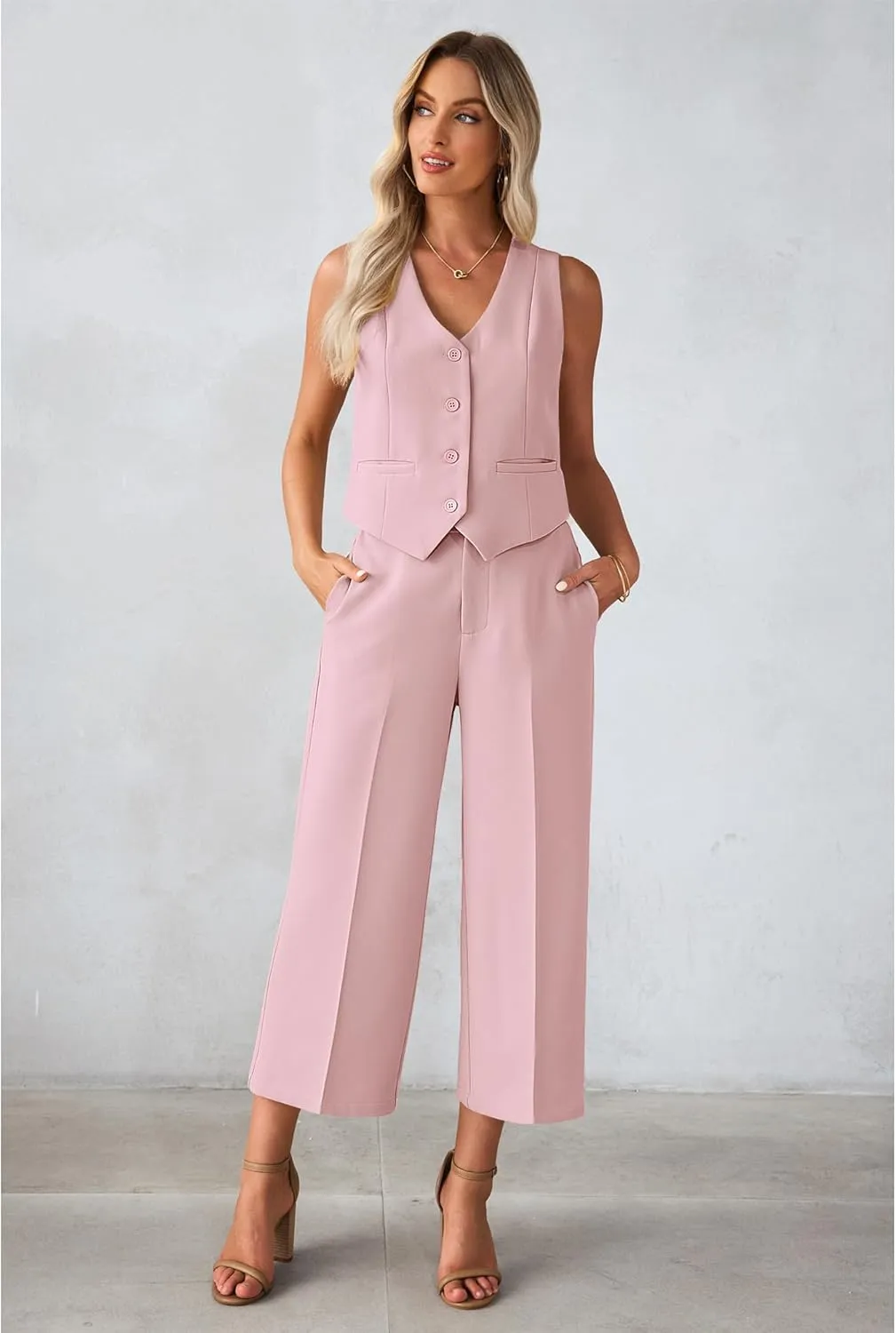 luvamia Pant Suits for Women Dressy Casual 2 Piece Sets Sleeveless Blazer Vest with Wide Leg Capri Pants Work Outfit