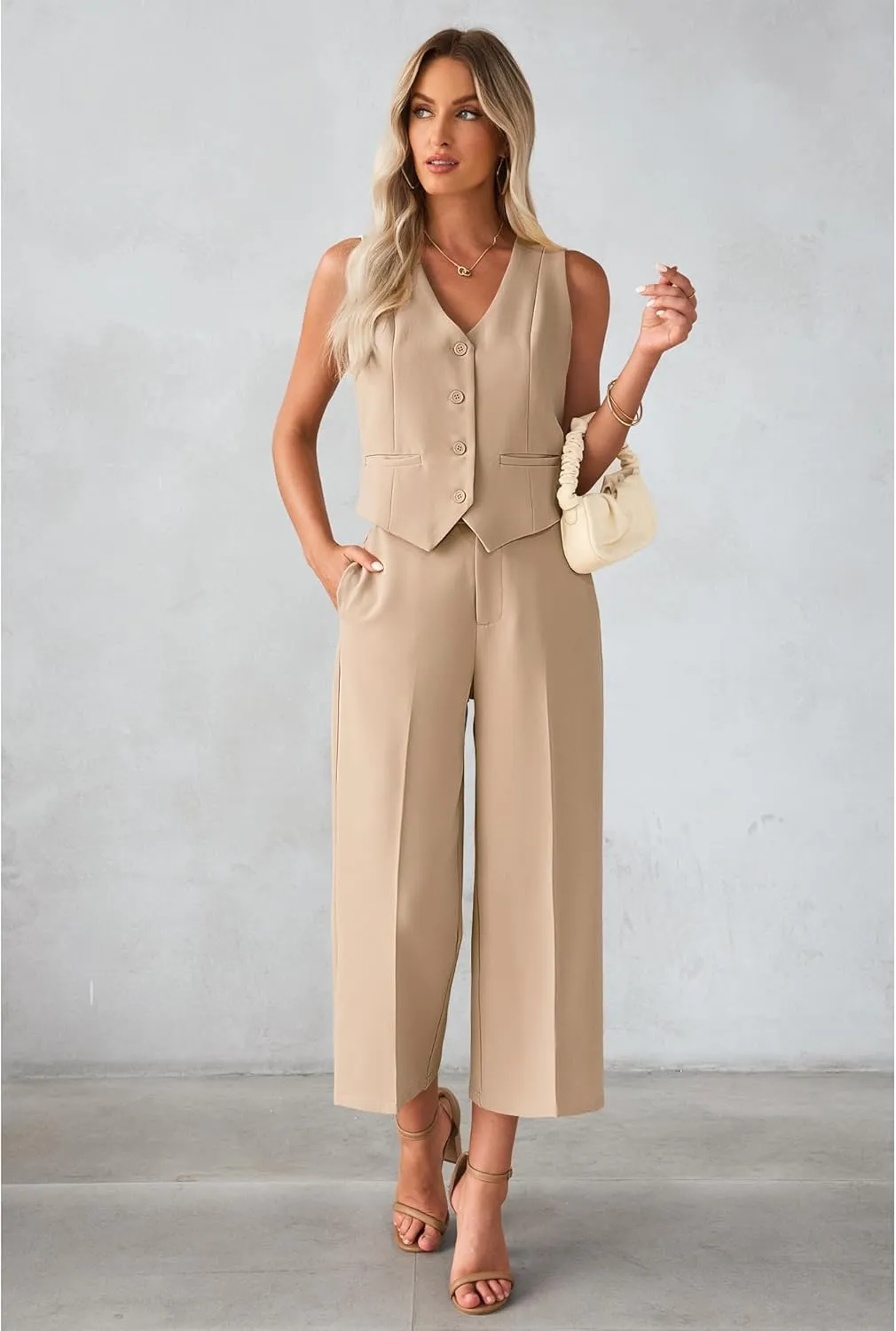 luvamia Pant Suits for Women Dressy Casual 2 Piece Sets Sleeveless Blazer Vest with Wide Leg Capri Pants Work Outfit