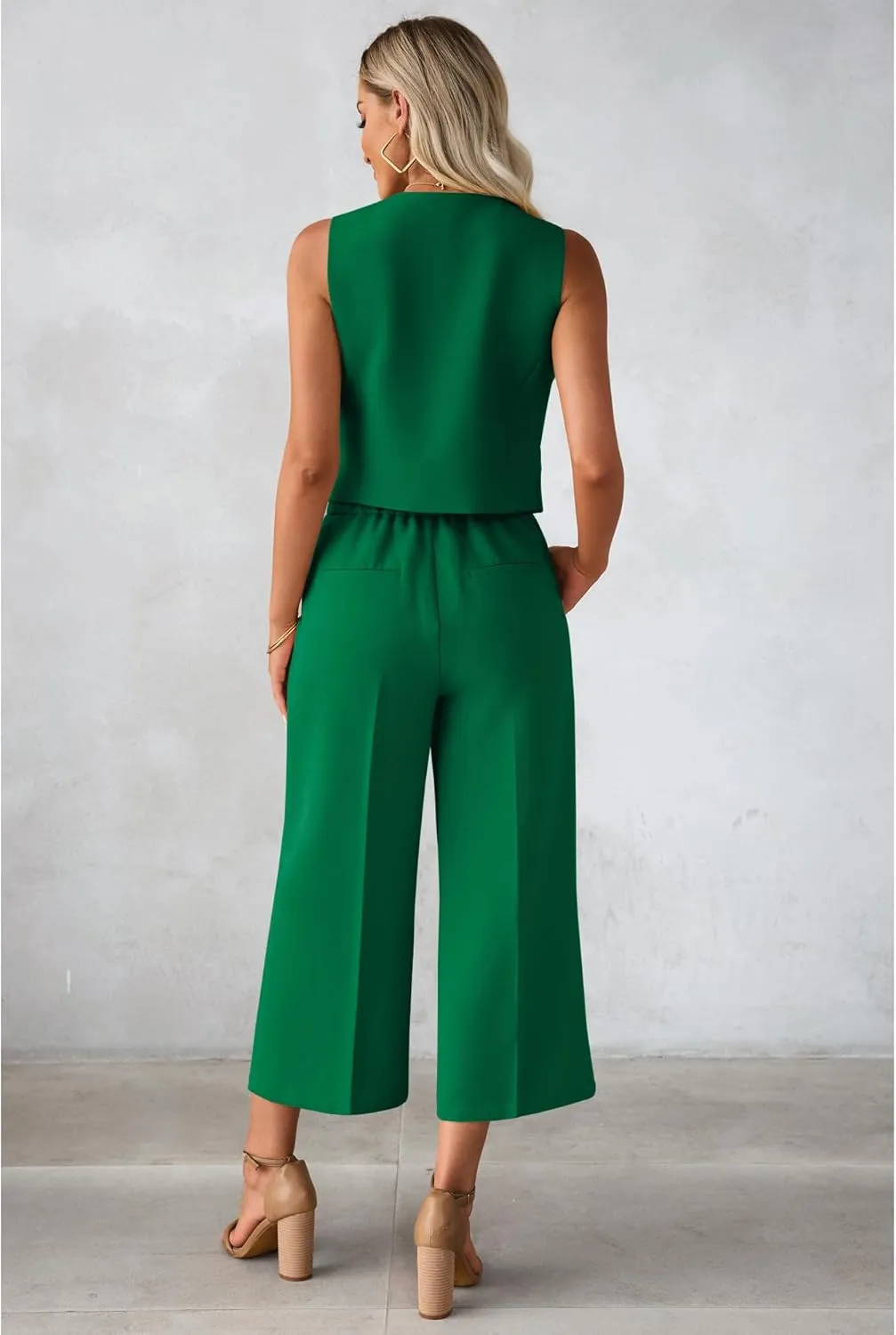 luvamia Pant Suits for Women Dressy Casual 2 Piece Sets Sleeveless Blazer Vest with Wide Leg Capri Pants Work Outfit