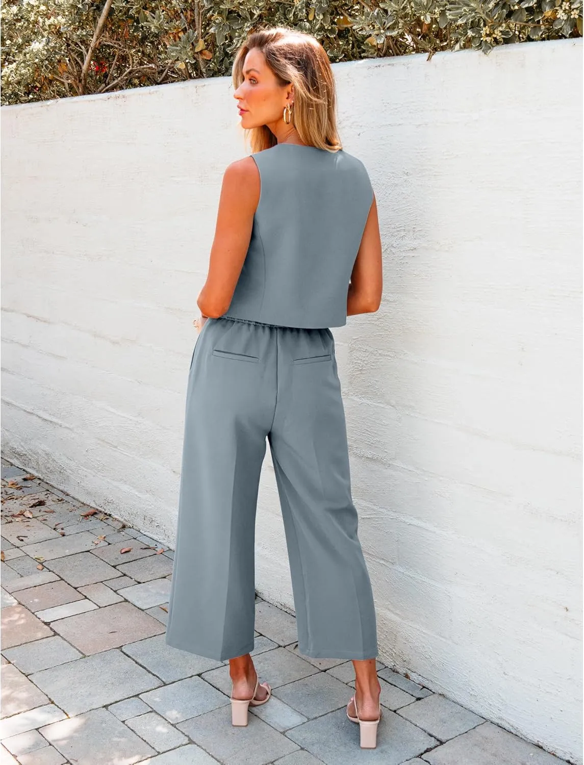 luvamia Pant Suits for Women Dressy Casual 2 Piece Sets Sleeveless Blazer Vest with Wide Leg Capri Pants Work Outfit