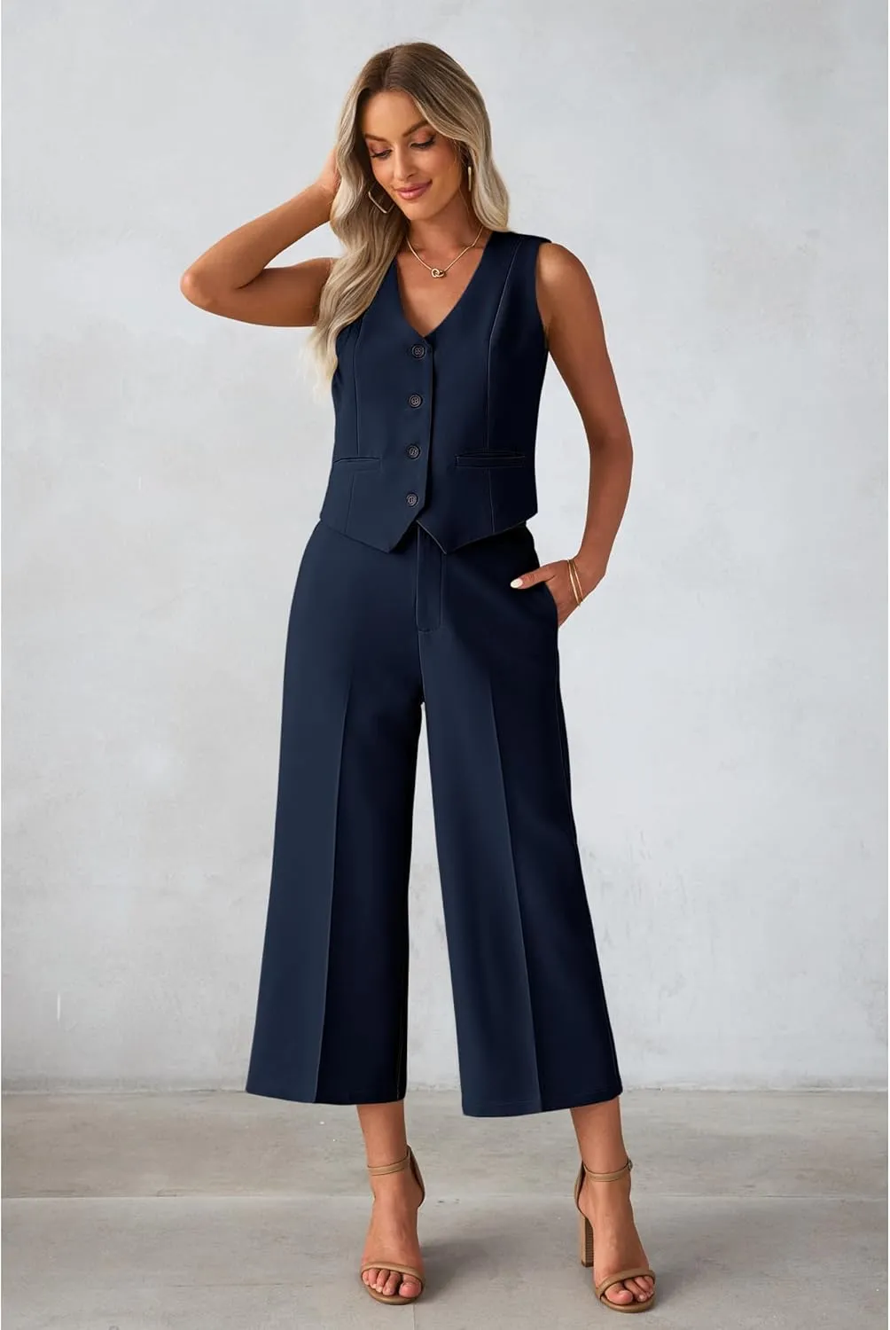 luvamia Pant Suits for Women Dressy Casual 2 Piece Sets Sleeveless Blazer Vest with Wide Leg Capri Pants Work Outfit