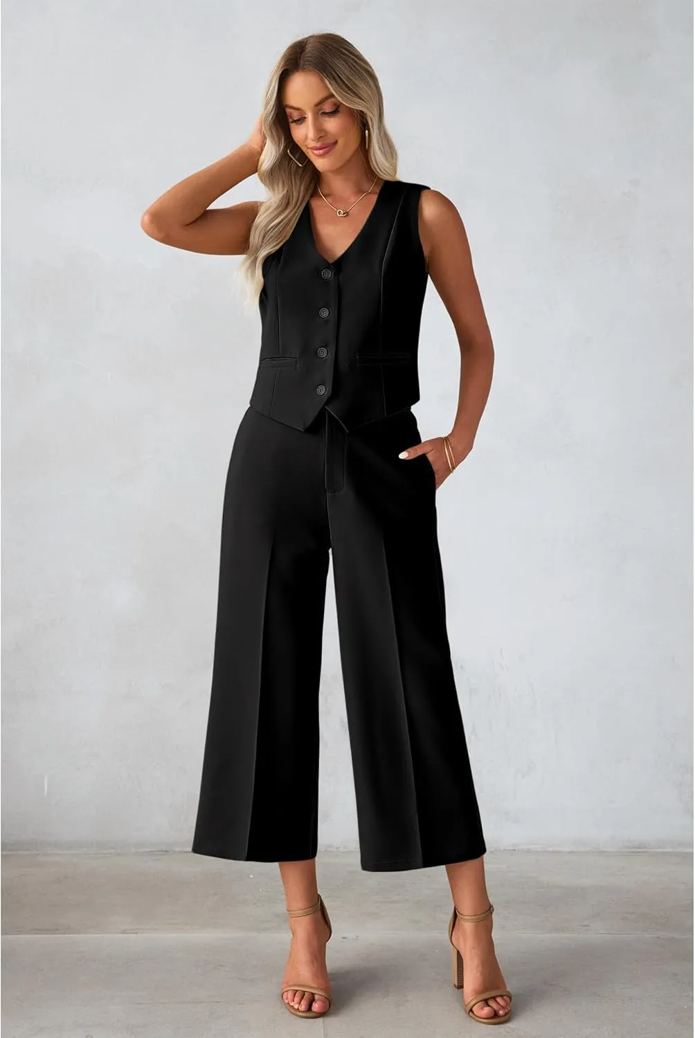 luvamia Pant Suits for Women Dressy Casual 2 Piece Sets Sleeveless Blazer Vest with Wide Leg Capri Pants Work Outfit