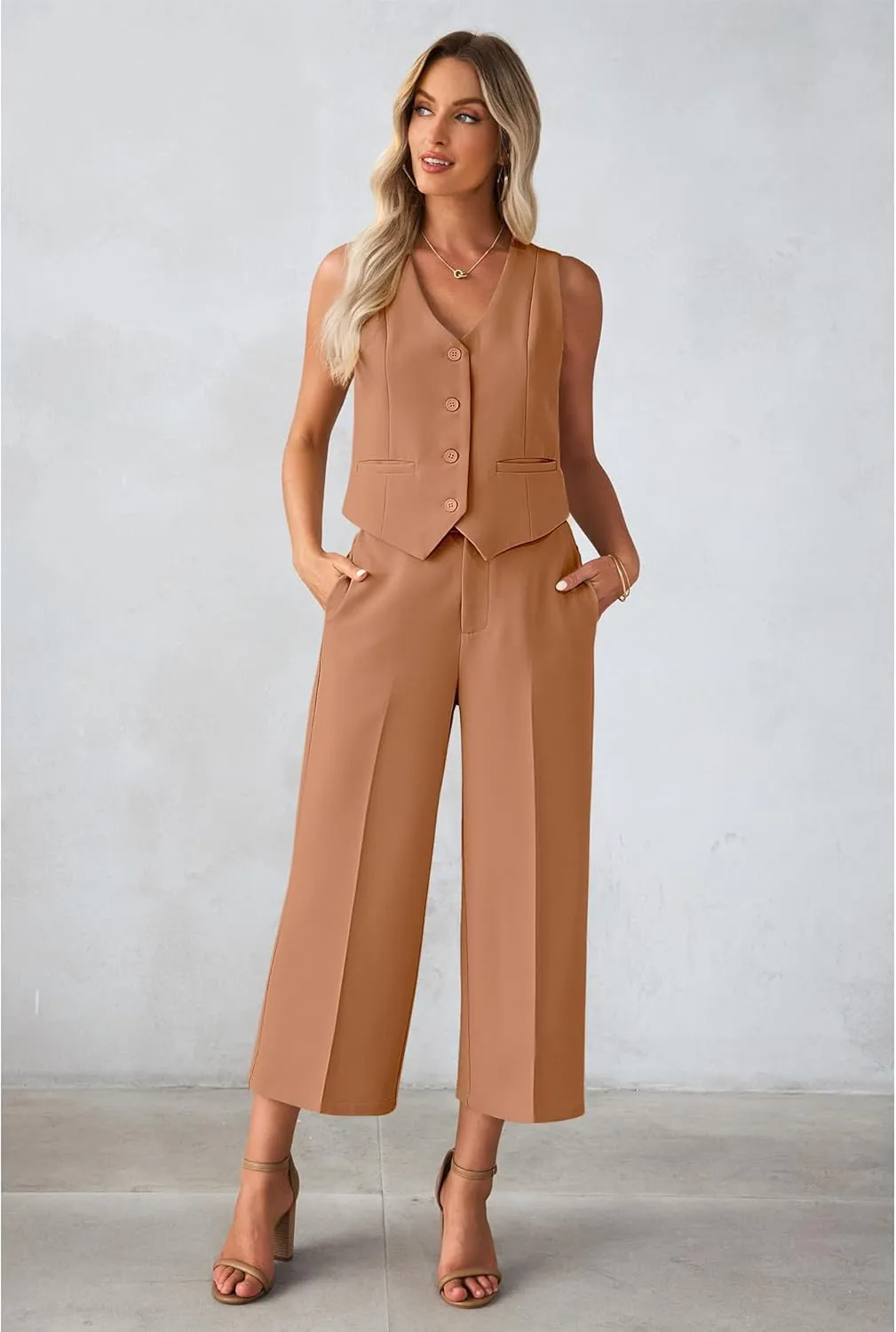 luvamia Pant Suits for Women Dressy Casual 2 Piece Sets Sleeveless Blazer Vest with Wide Leg Capri Pants Work Outfit