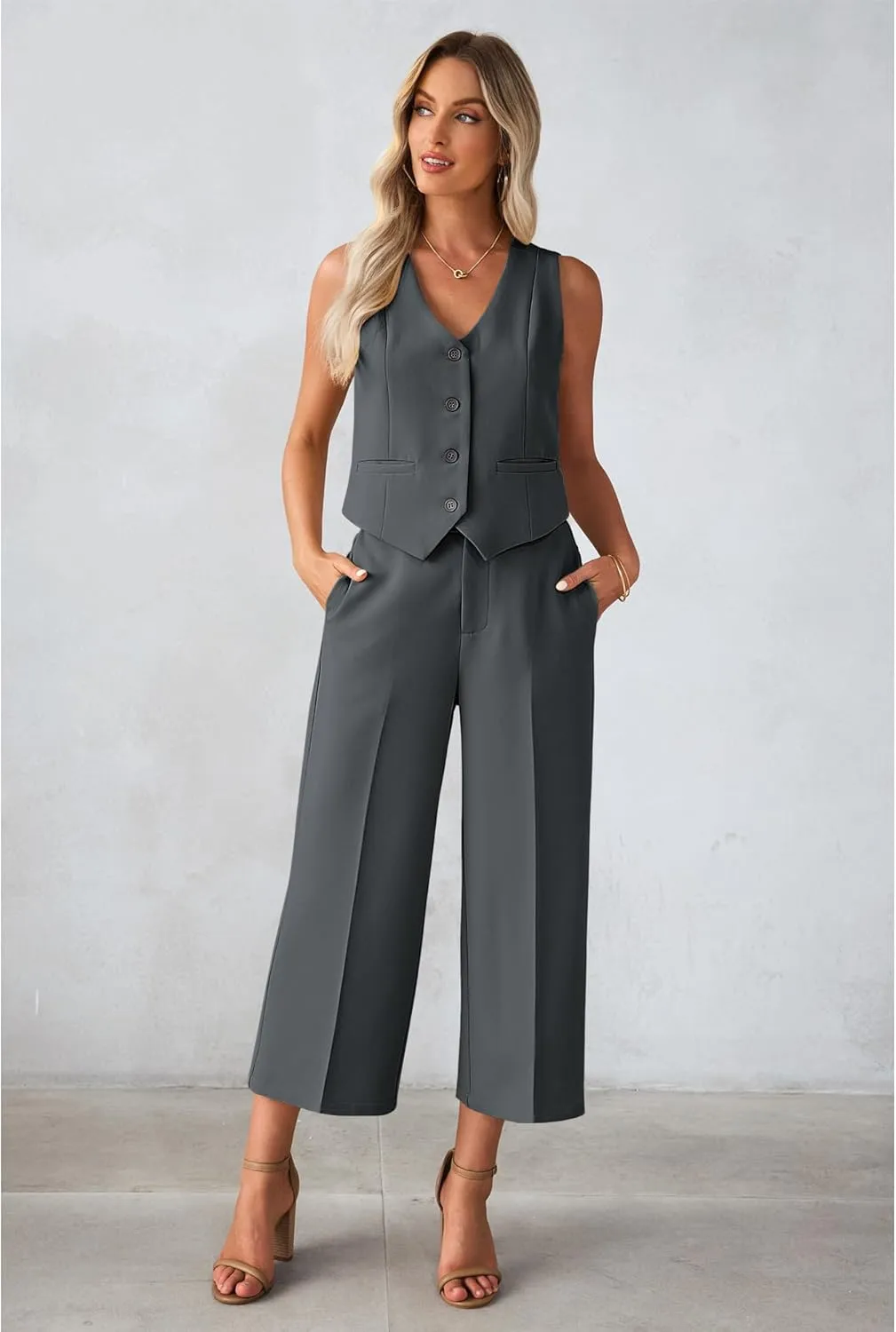 luvamia Pant Suits for Women Dressy Casual 2 Piece Sets Sleeveless Blazer Vest with Wide Leg Capri Pants Work Outfit