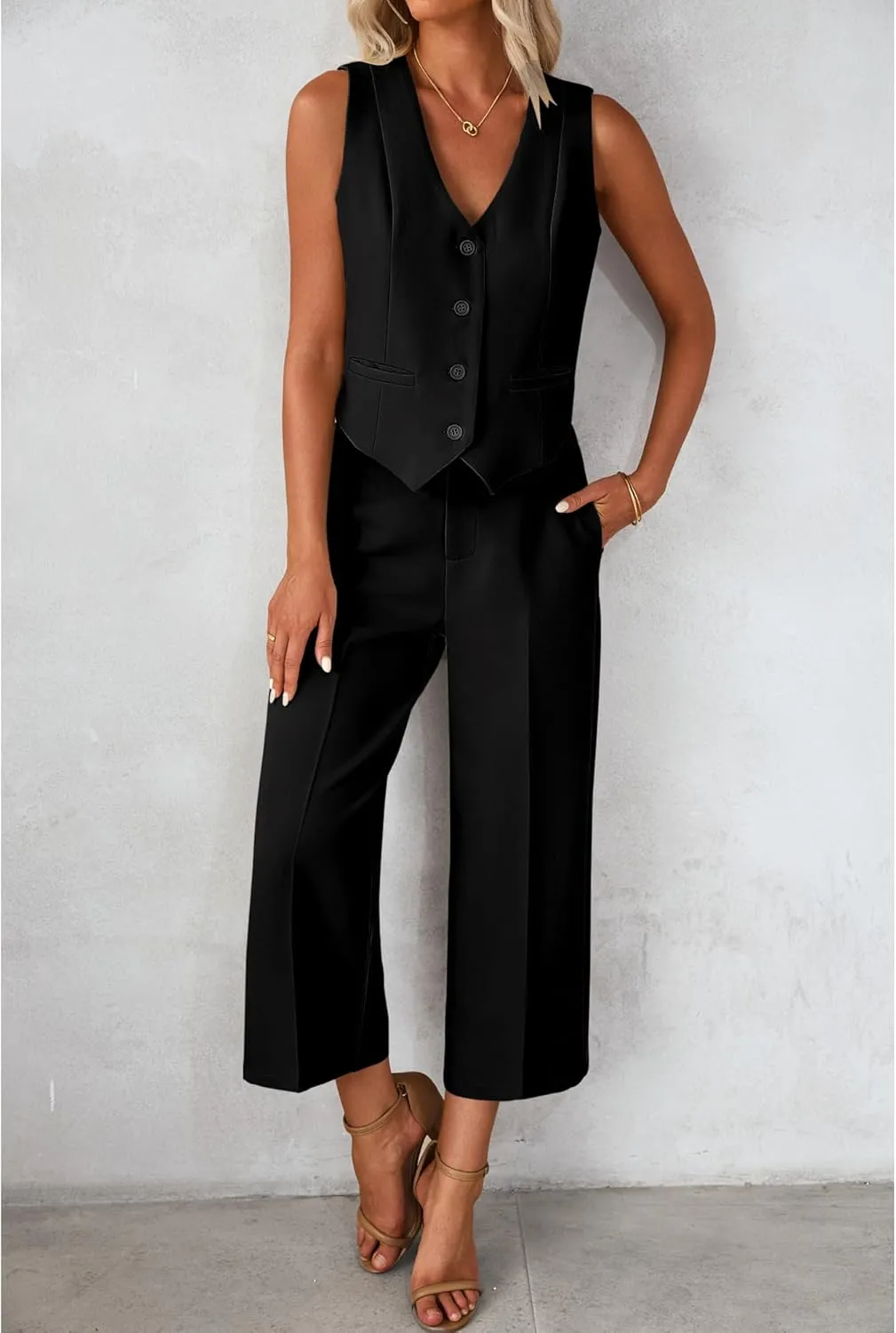 luvamia Pant Suits for Women Dressy Casual 2 Piece Sets Sleeveless Blazer Vest with Wide Leg Capri Pants Work Outfit