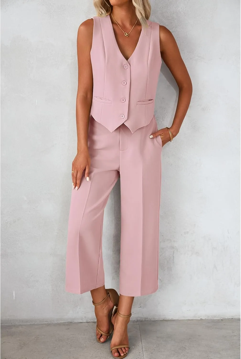 luvamia Pant Suits for Women Dressy Casual 2 Piece Sets Sleeveless Blazer Vest with Wide Leg Capri Pants Work Outfit