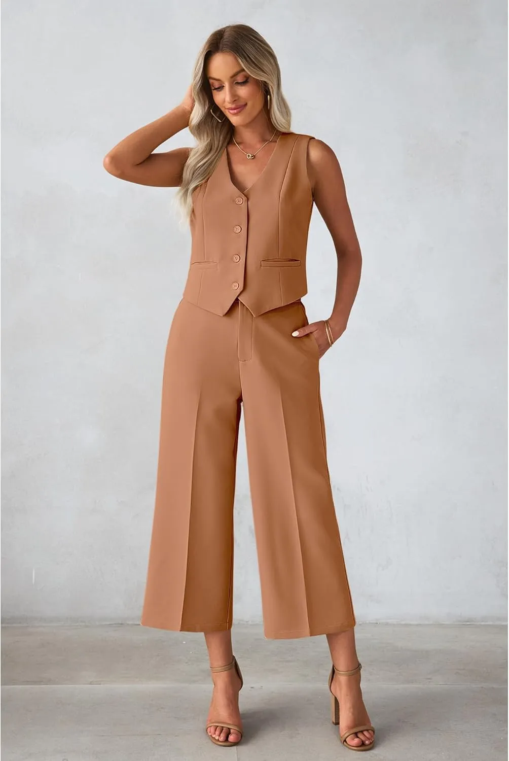 luvamia Pant Suits for Women Dressy Casual 2 Piece Sets Sleeveless Blazer Vest with Wide Leg Capri Pants Work Outfit