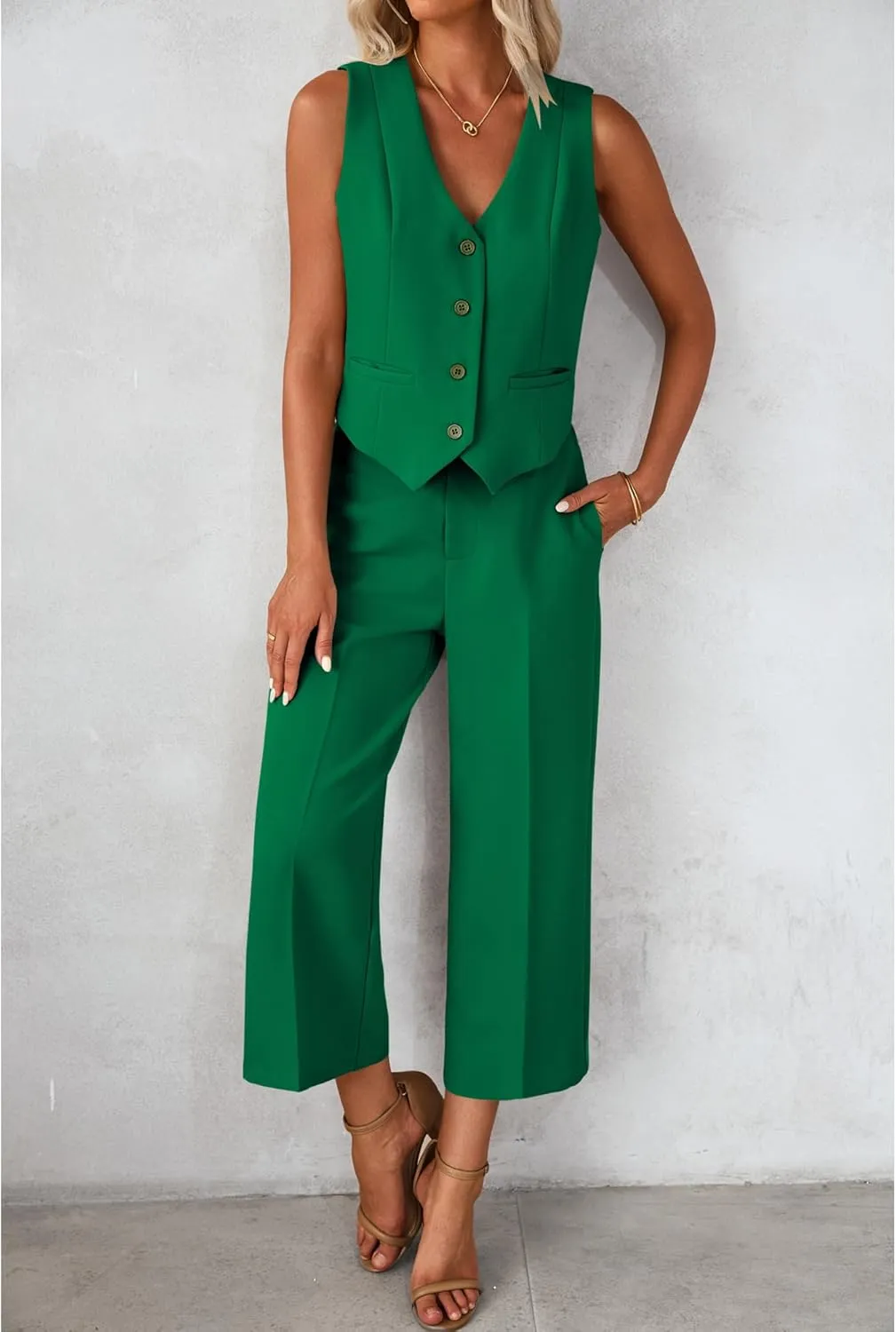 luvamia Pant Suits for Women Dressy Casual 2 Piece Sets Sleeveless Blazer Vest with Wide Leg Capri Pants Work Outfit