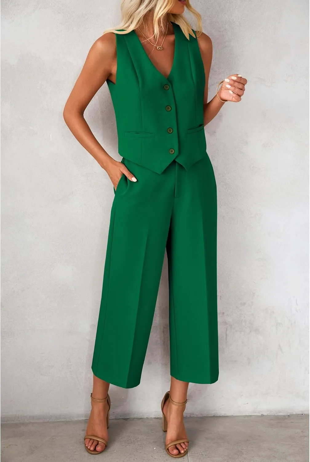 luvamia Pant Suits for Women Dressy Casual 2 Piece Sets Sleeveless Blazer Vest with Wide Leg Capri Pants Work Outfit