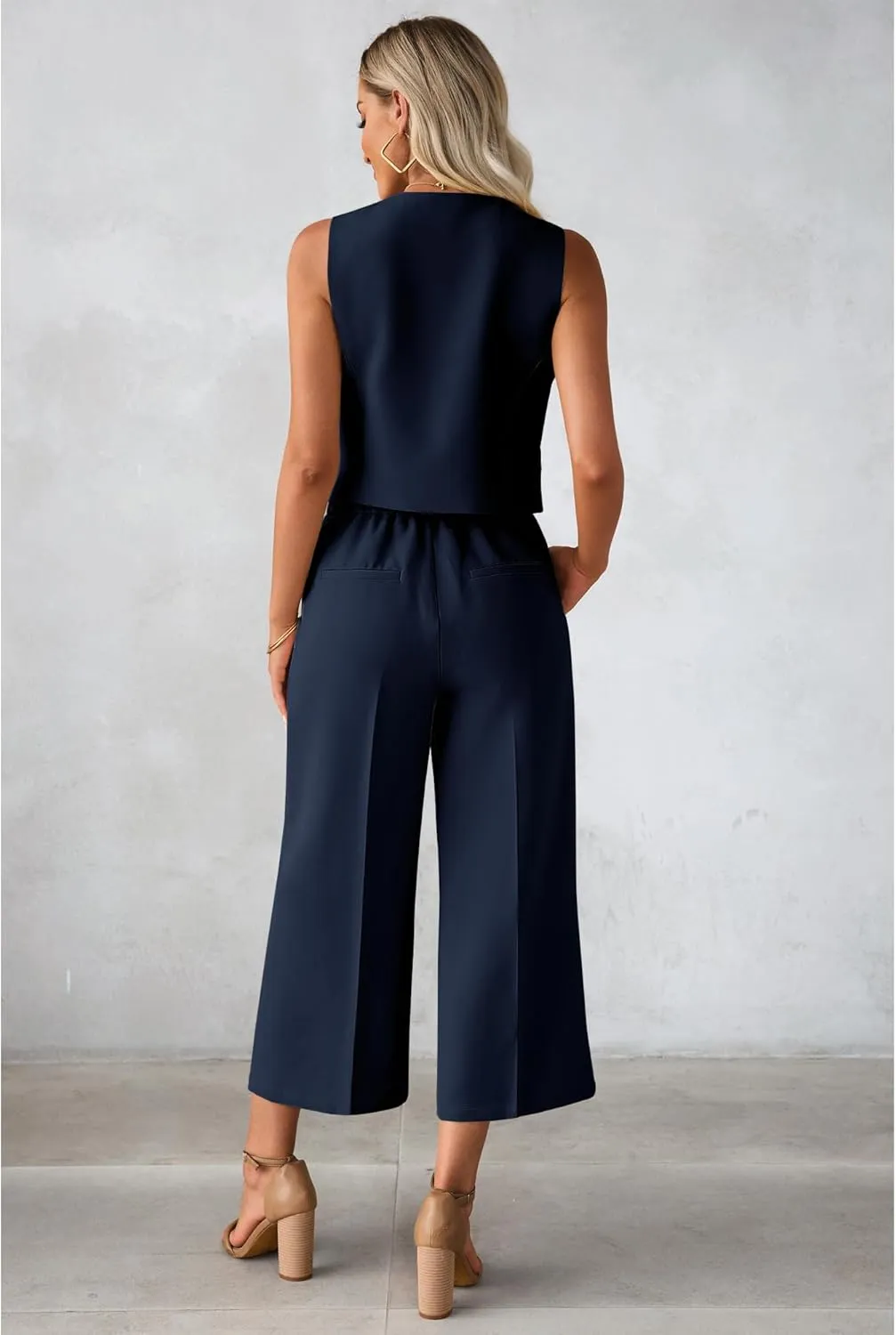 luvamia Pant Suits for Women Dressy Casual 2 Piece Sets Sleeveless Blazer Vest with Wide Leg Capri Pants Work Outfit