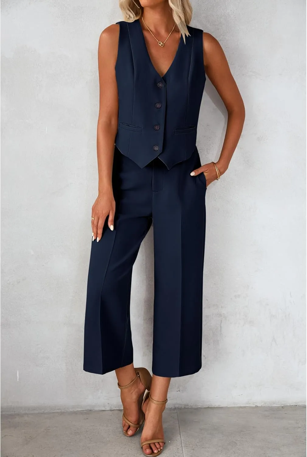 luvamia Pant Suits for Women Dressy Casual 2 Piece Sets Sleeveless Blazer Vest with Wide Leg Capri Pants Work Outfit