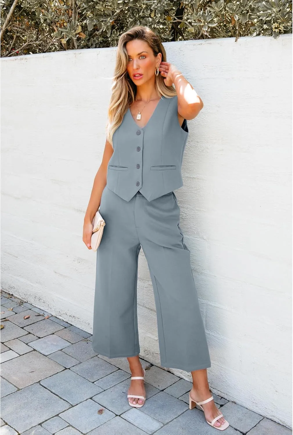 luvamia Pant Suits for Women Dressy Casual 2 Piece Sets Sleeveless Blazer Vest with Wide Leg Capri Pants Work Outfit