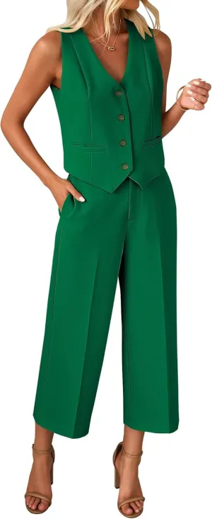 luvamia Pant Suits for Women Dressy Casual 2 Piece Sets Sleeveless Blazer Vest with Wide Leg Capri Pants Work Outfit