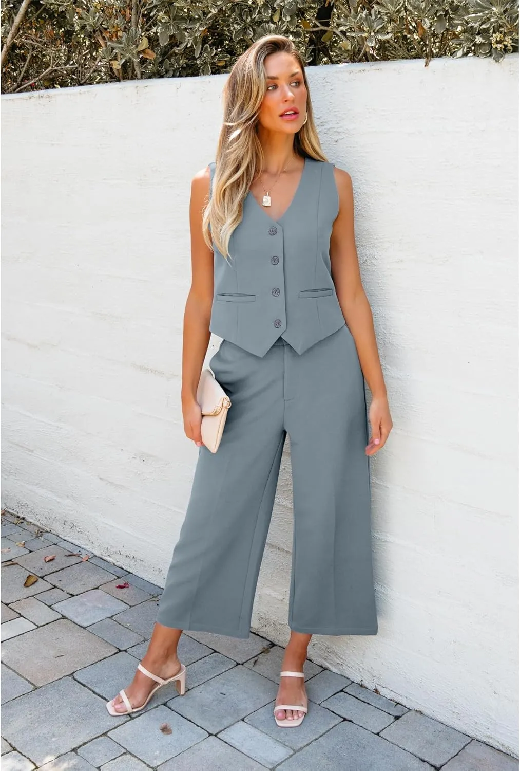 luvamia Pant Suits for Women Dressy Casual 2 Piece Sets Sleeveless Blazer Vest with Wide Leg Capri Pants Work Outfit