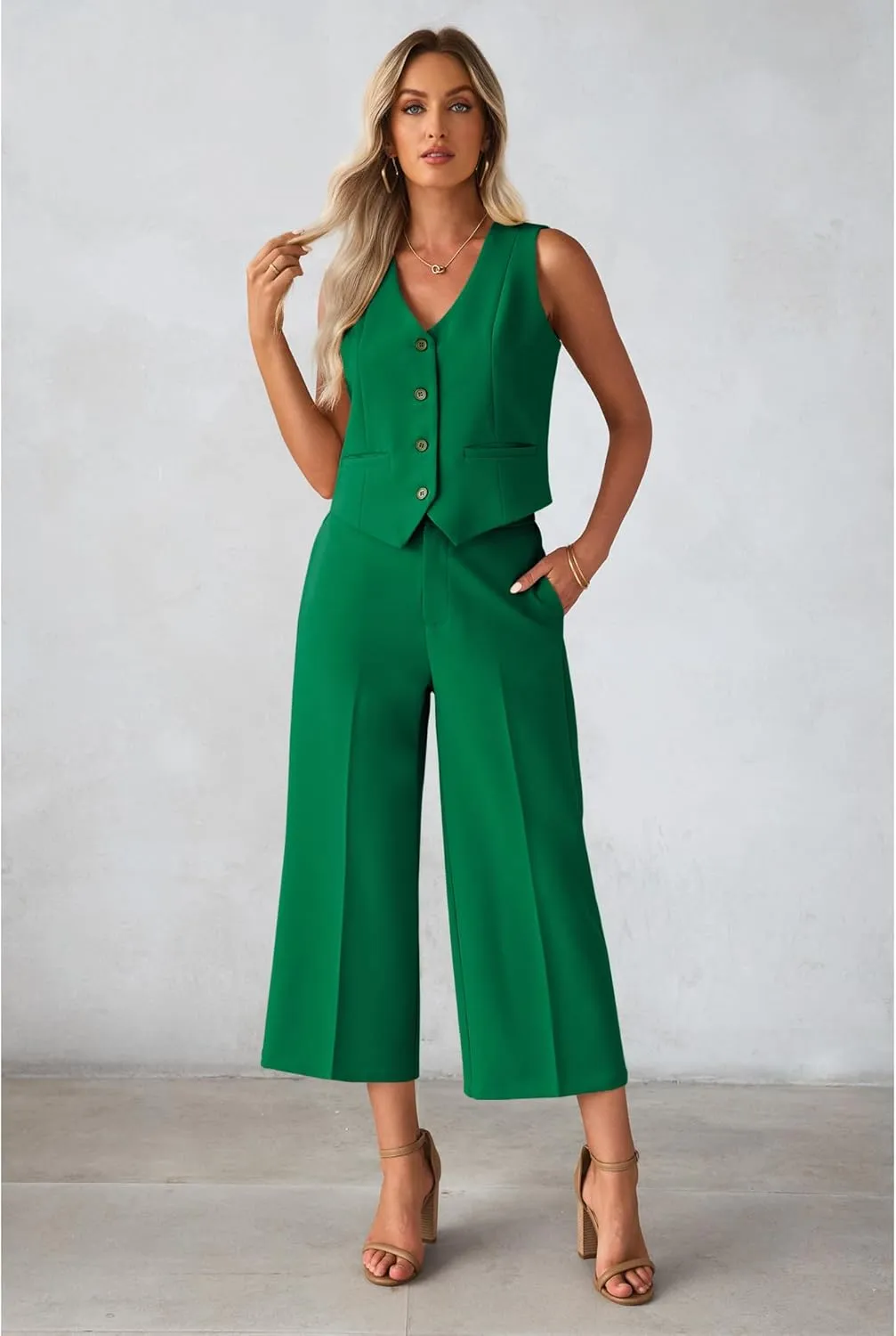 luvamia Pant Suits for Women Dressy Casual 2 Piece Sets Sleeveless Blazer Vest with Wide Leg Capri Pants Work Outfit