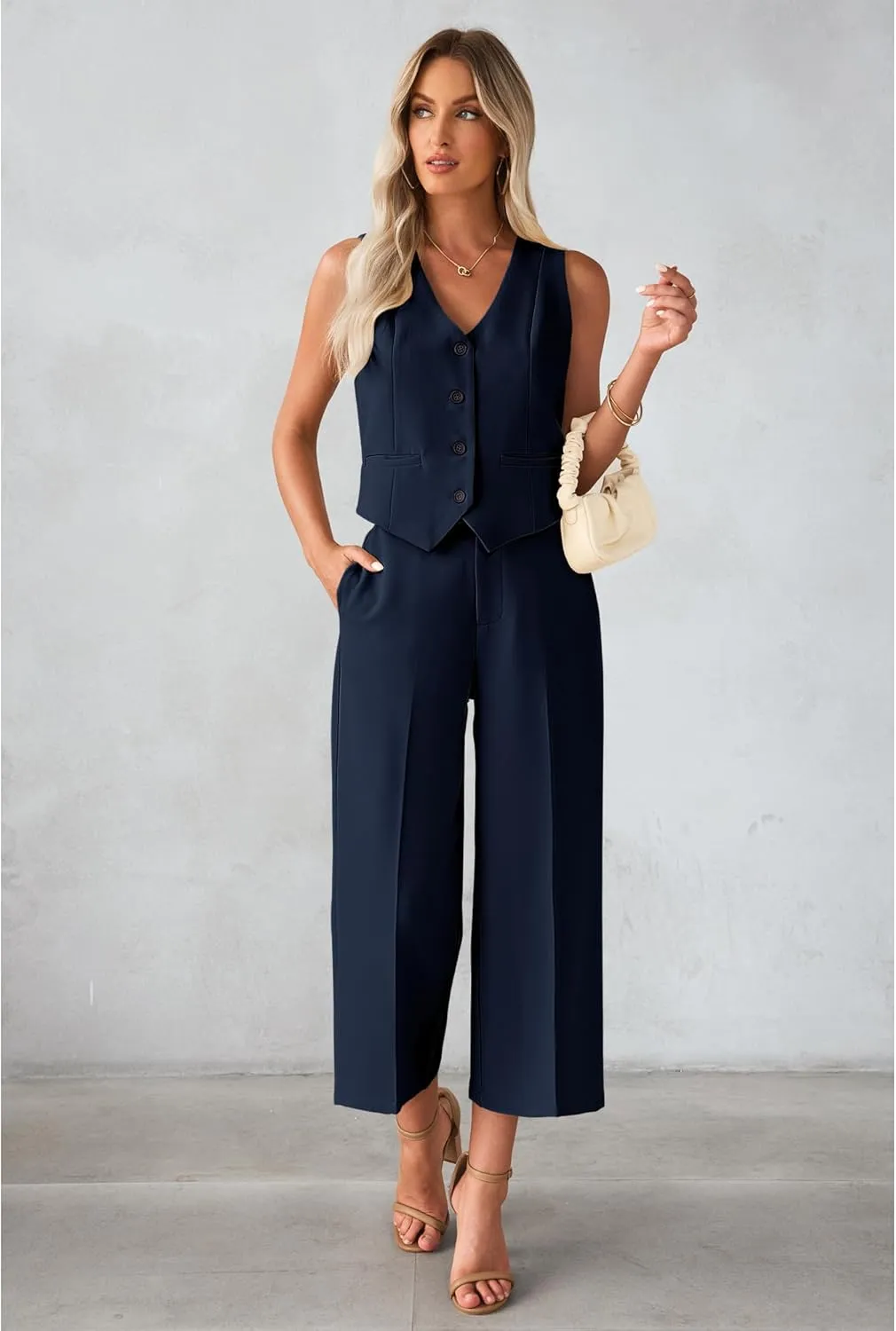 luvamia Pant Suits for Women Dressy Casual 2 Piece Sets Sleeveless Blazer Vest with Wide Leg Capri Pants Work Outfit