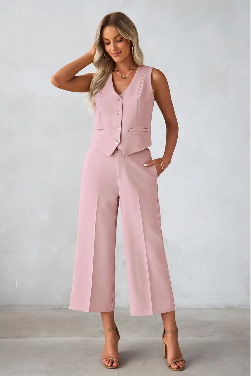 luvamia Pant Suits for Women Dressy Casual 2 Piece Sets Sleeveless Blazer Vest with Wide Leg Capri Pants Work Outfit