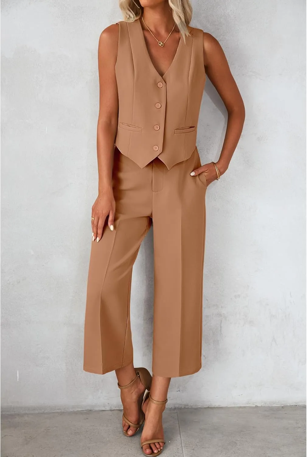 luvamia Pant Suits for Women Dressy Casual 2 Piece Sets Sleeveless Blazer Vest with Wide Leg Capri Pants Work Outfit