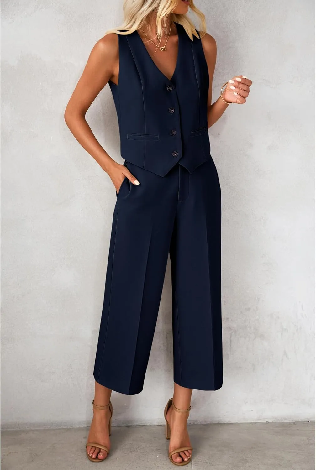 luvamia Pant Suits for Women Dressy Casual 2 Piece Sets Sleeveless Blazer Vest with Wide Leg Capri Pants Work Outfit