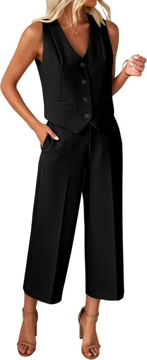 luvamia Pant Suits for Women Dressy Casual 2 Piece Sets Sleeveless Blazer Vest with Wide Leg Capri Pants Work Outfit