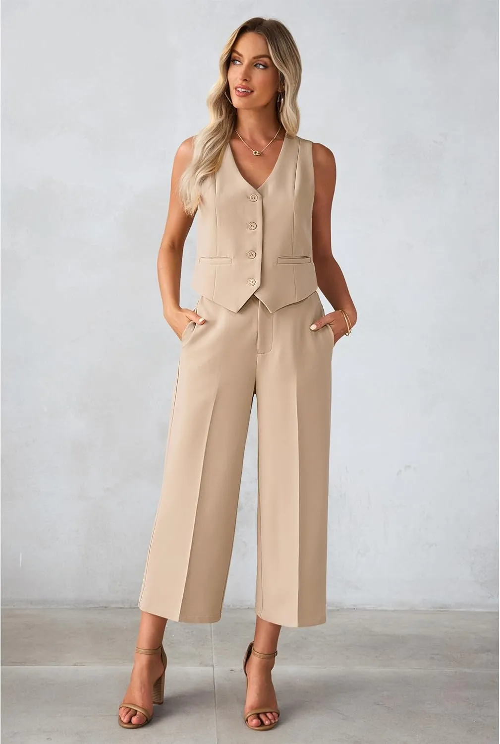luvamia Pant Suits for Women Dressy Casual 2 Piece Sets Sleeveless Blazer Vest with Wide Leg Capri Pants Work Outfit