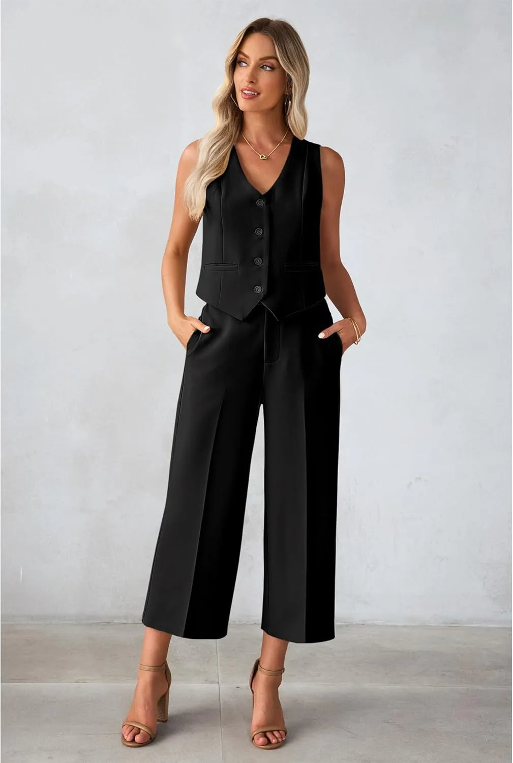 luvamia Pant Suits for Women Dressy Casual 2 Piece Sets Sleeveless Blazer Vest with Wide Leg Capri Pants Work Outfit