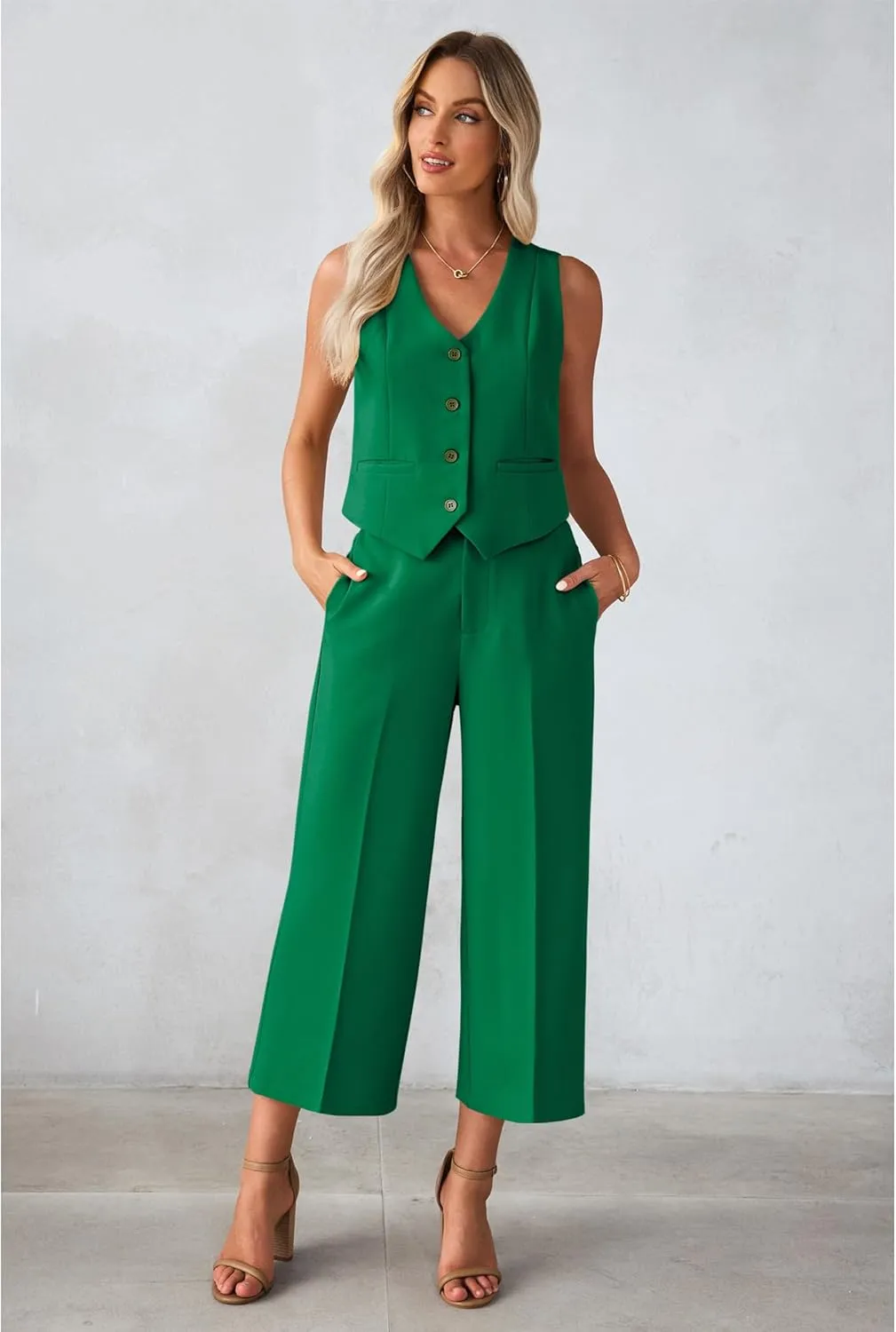 luvamia Pant Suits for Women Dressy Casual 2 Piece Sets Sleeveless Blazer Vest with Wide Leg Capri Pants Work Outfit