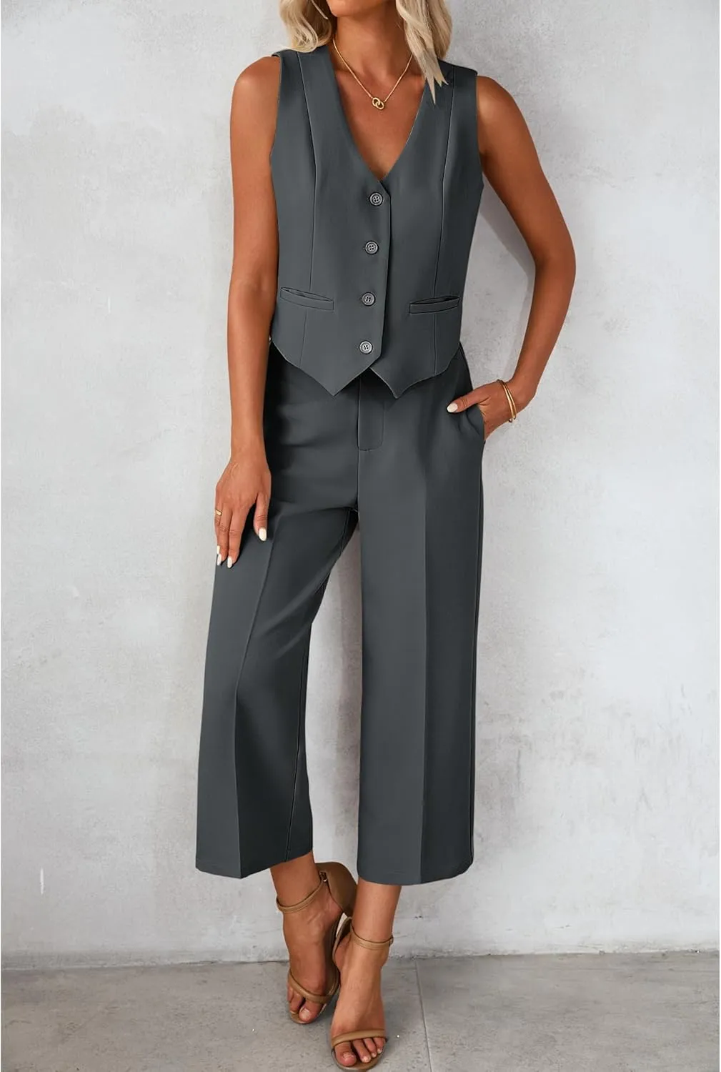 luvamia Pant Suits for Women Dressy Casual 2 Piece Sets Sleeveless Blazer Vest with Wide Leg Capri Pants Work Outfit