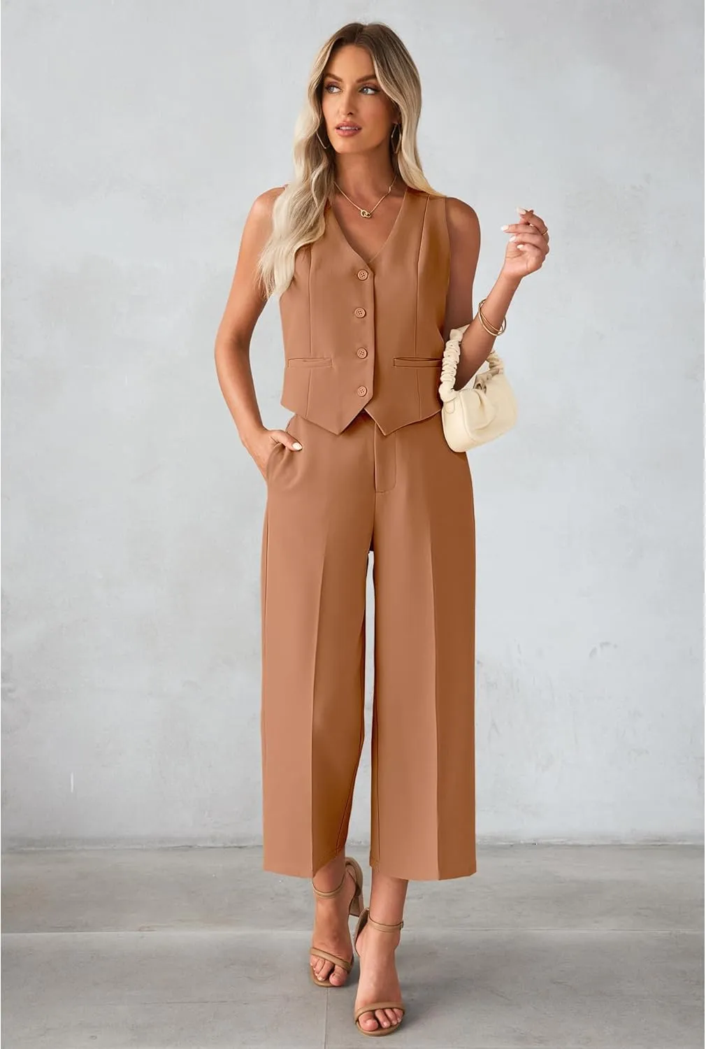 luvamia Pant Suits for Women Dressy Casual 2 Piece Sets Sleeveless Blazer Vest with Wide Leg Capri Pants Work Outfit