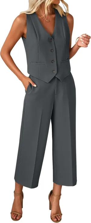 luvamia Pant Suits for Women Dressy Casual 2 Piece Sets Sleeveless Blazer Vest with Wide Leg Capri Pants Work Outfit
