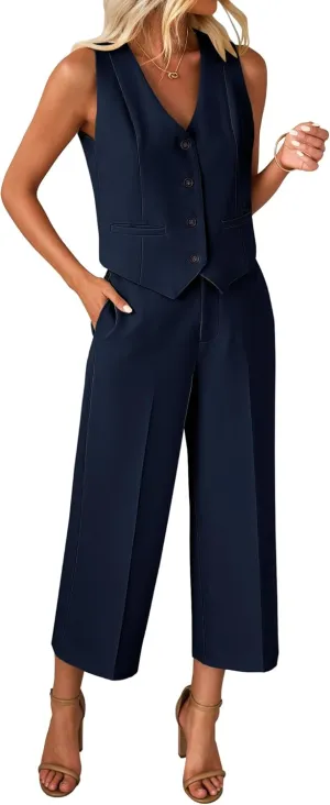 luvamia Pant Suits for Women Dressy Casual 2 Piece Sets Sleeveless Blazer Vest with Wide Leg Capri Pants Work Outfit