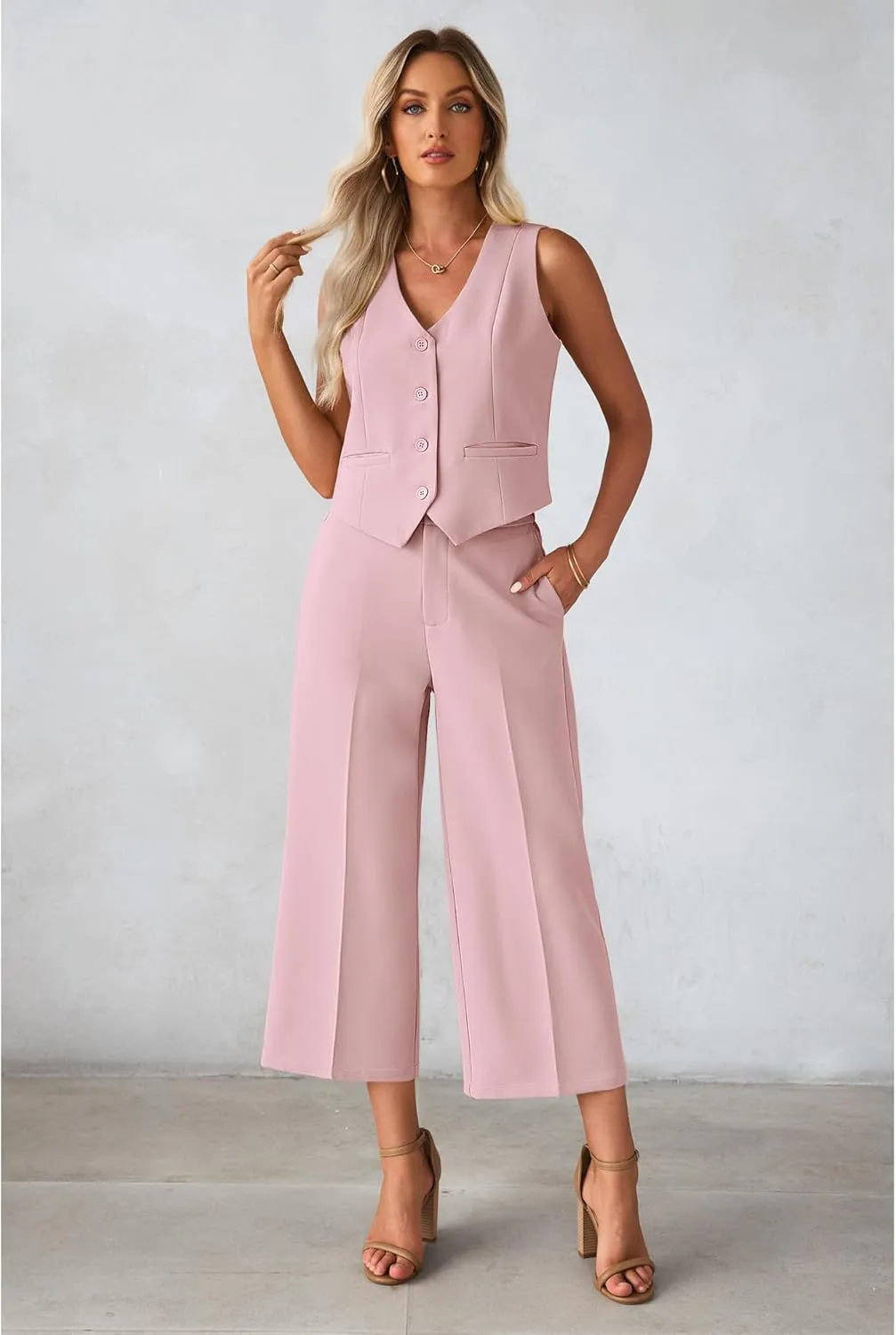 luvamia Pant Suits for Women Dressy Casual 2 Piece Sets Sleeveless Blazer Vest with Wide Leg Capri Pants Work Outfit