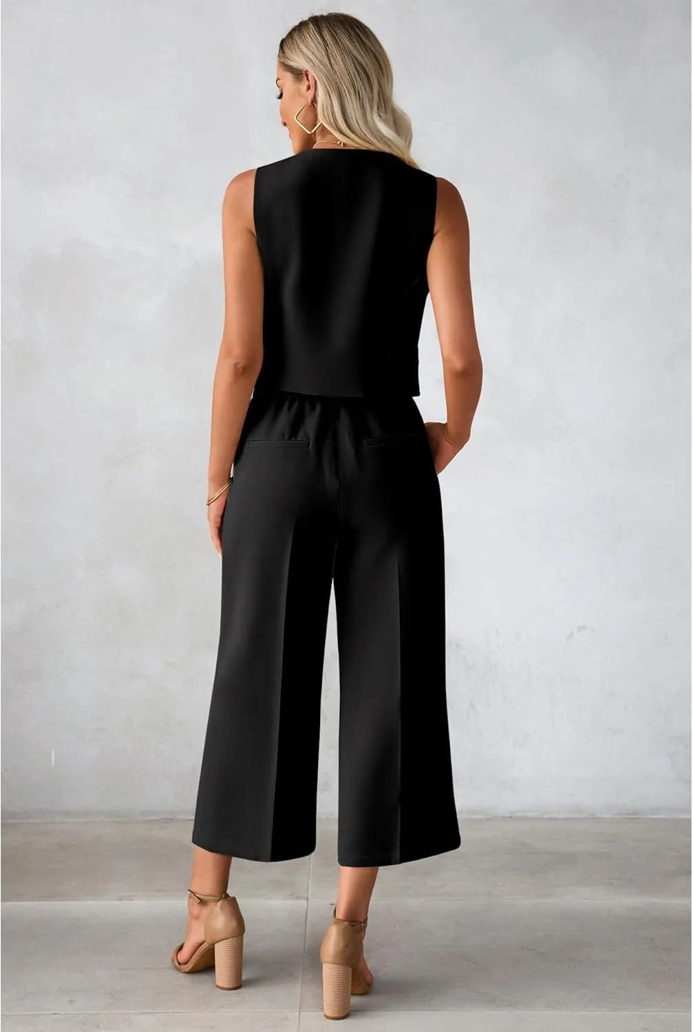 luvamia Pant Suits for Women Dressy Casual 2 Piece Sets Sleeveless Blazer Vest with Wide Leg Capri Pants Work Outfit